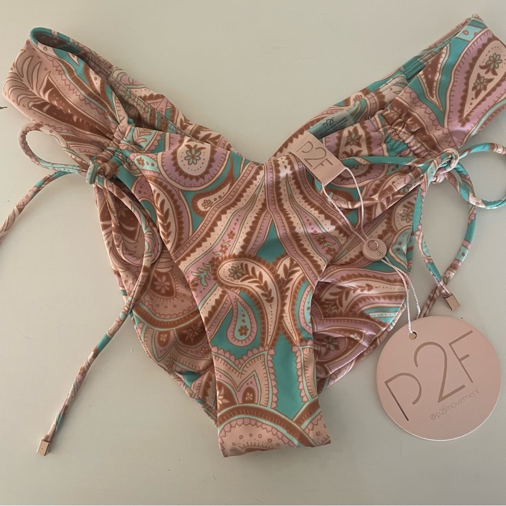 P2F Power 2 The Flower Side Tie Bikini Bottom Ruched - Size Small - NWT